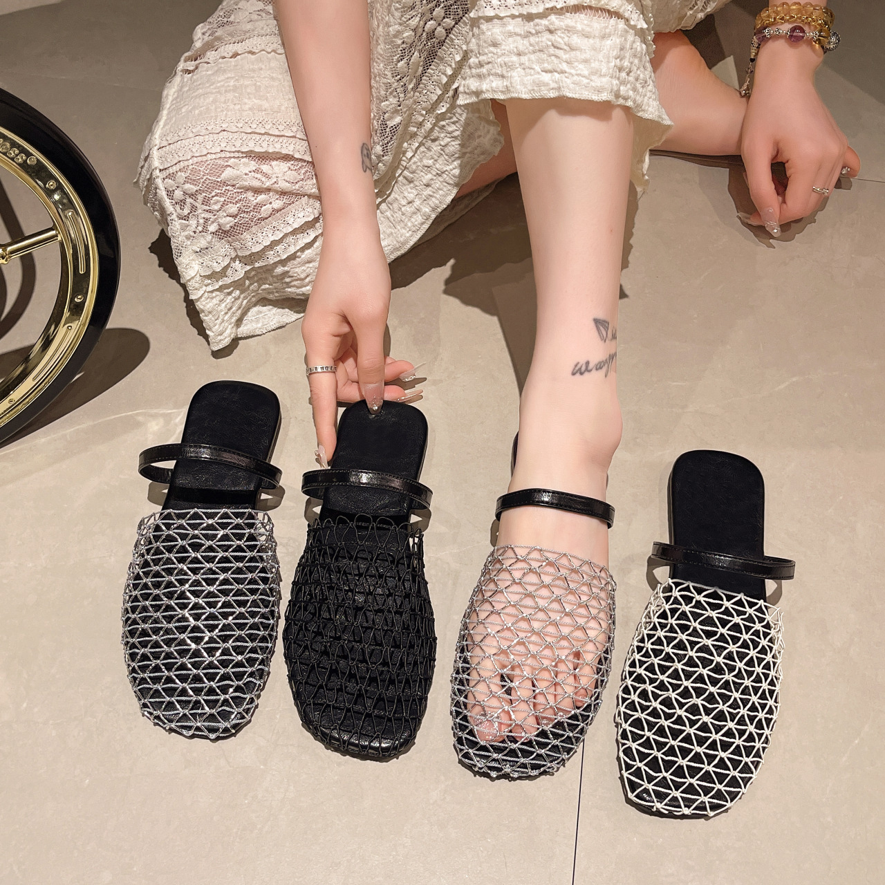 Summer new fisherman flat bottomed round toe half slippers, niche fish net woven hollow Roman sandals for women