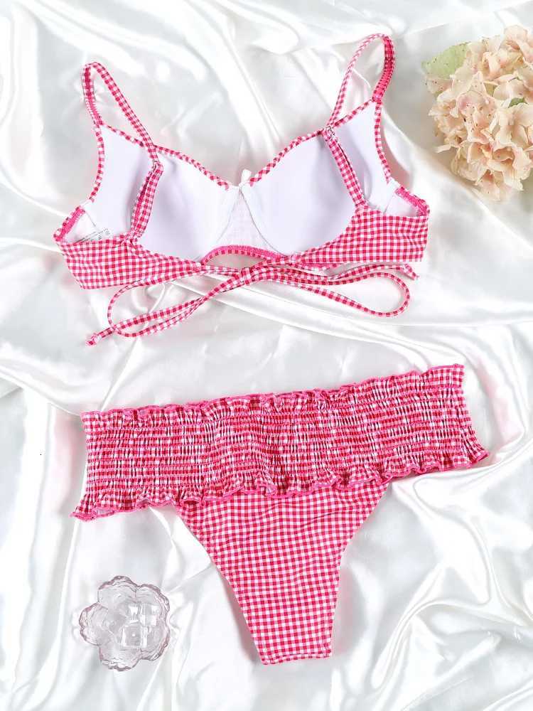 Bowknot Ruffle Bikinis Thongs Plaid Womens Swimsuit 2025 Red Lattice Swimwear Bathing Suits Biquini Summer Beachwear SwimsuitW251113
