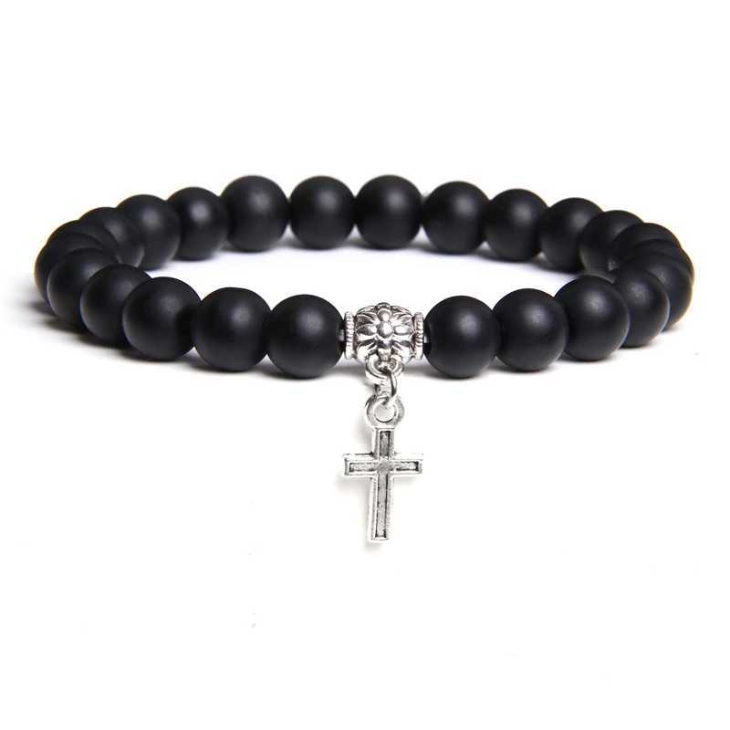 Trendy Men Beads Bracelet Slivers Color Cross Pendant Bracelet Natural Stone Bracelets Charm for Women Healing Prayer JewelryC250411