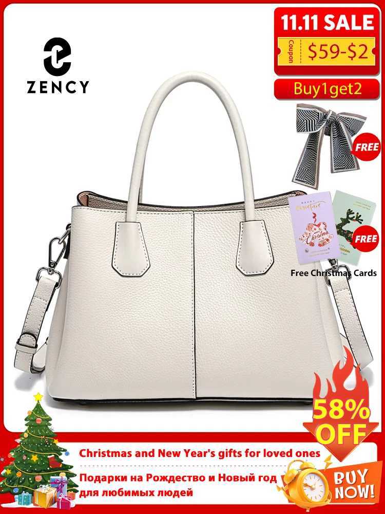 Zency Womens Genuine Leather Top-Handle Bag Noble White Luxury Crossbody with Three Compartments for Daily Work And ShoppingW251112