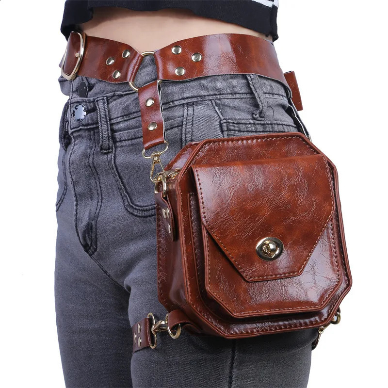 Punk Retro PU waist bag casual small square hip bag suitable for womens cross body multifunctional outdoor leg phone bag 250408