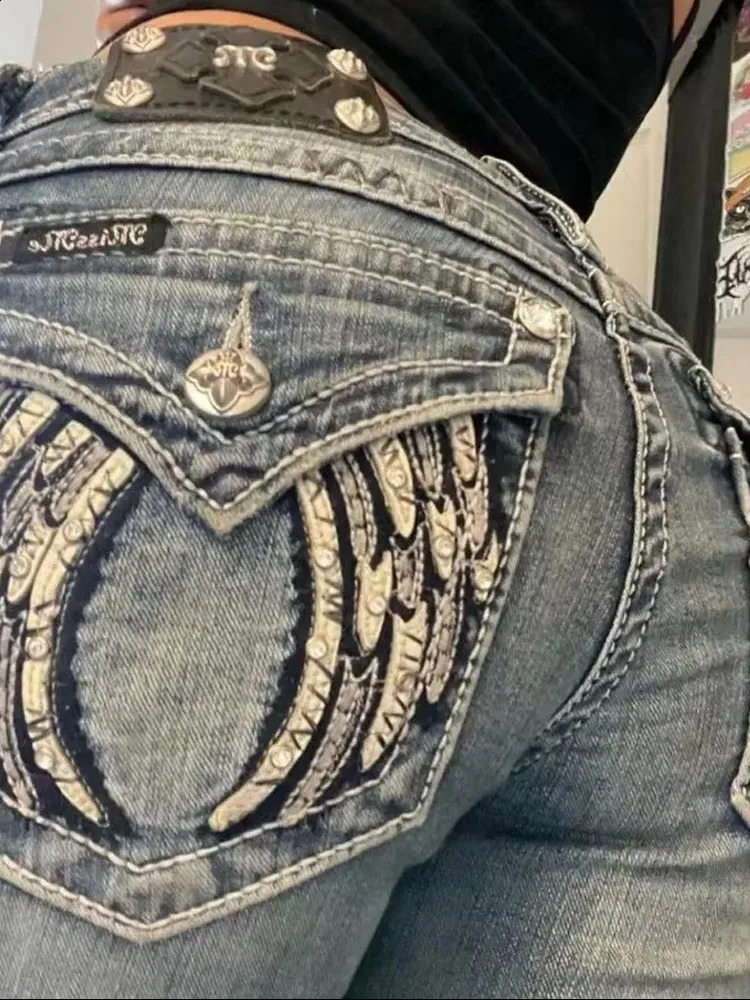 American retro ultrathin Flare jeans Y2k Harajuku Gothic pocket embroidered blue denim pants low waist wide leg Trouser 250410