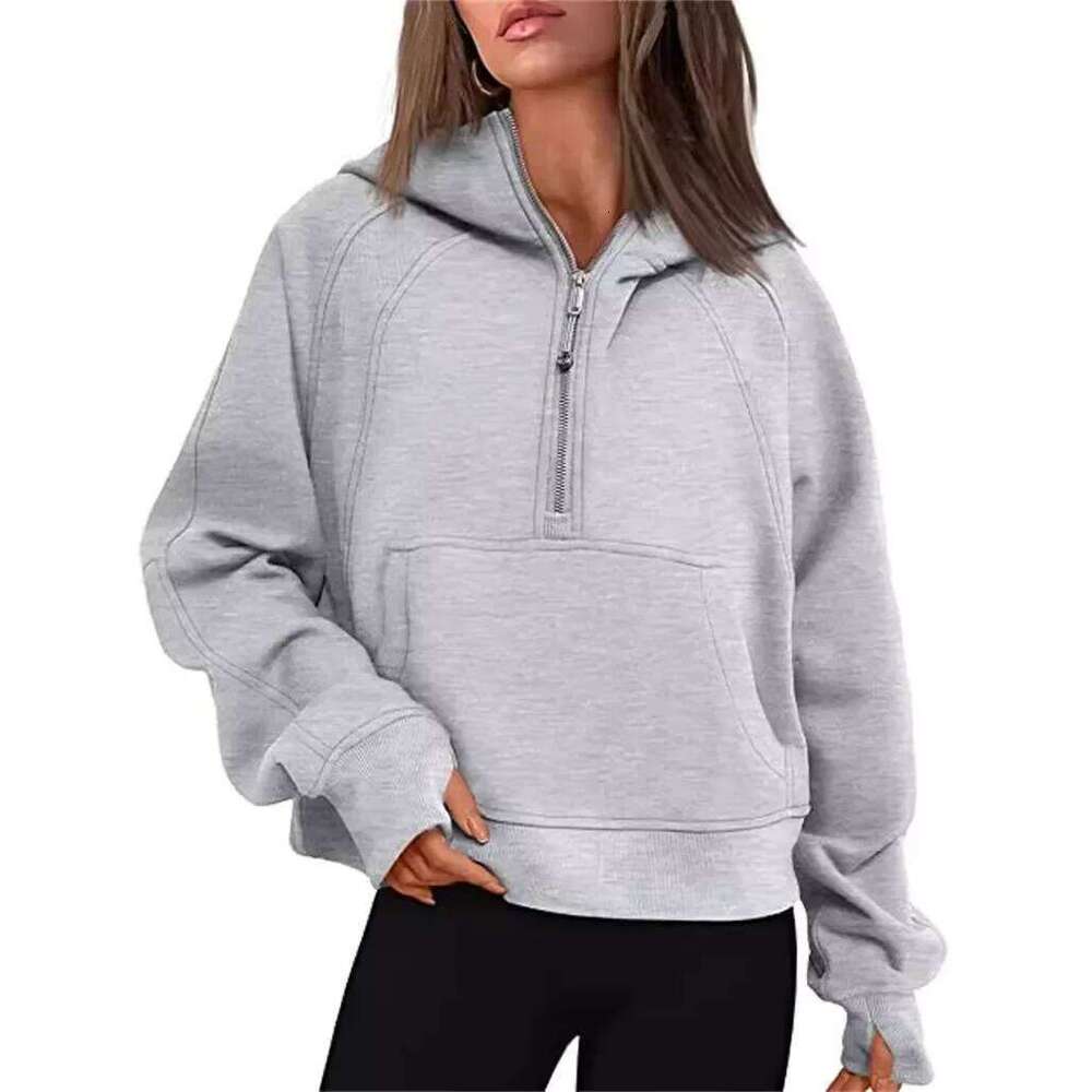 Autumn Winter Women's Yoga Suit Scuba Half-Zip Hooded Sweatshirt Loose Fit Cropped Fleece Lining Cap-Sleeve Thickened