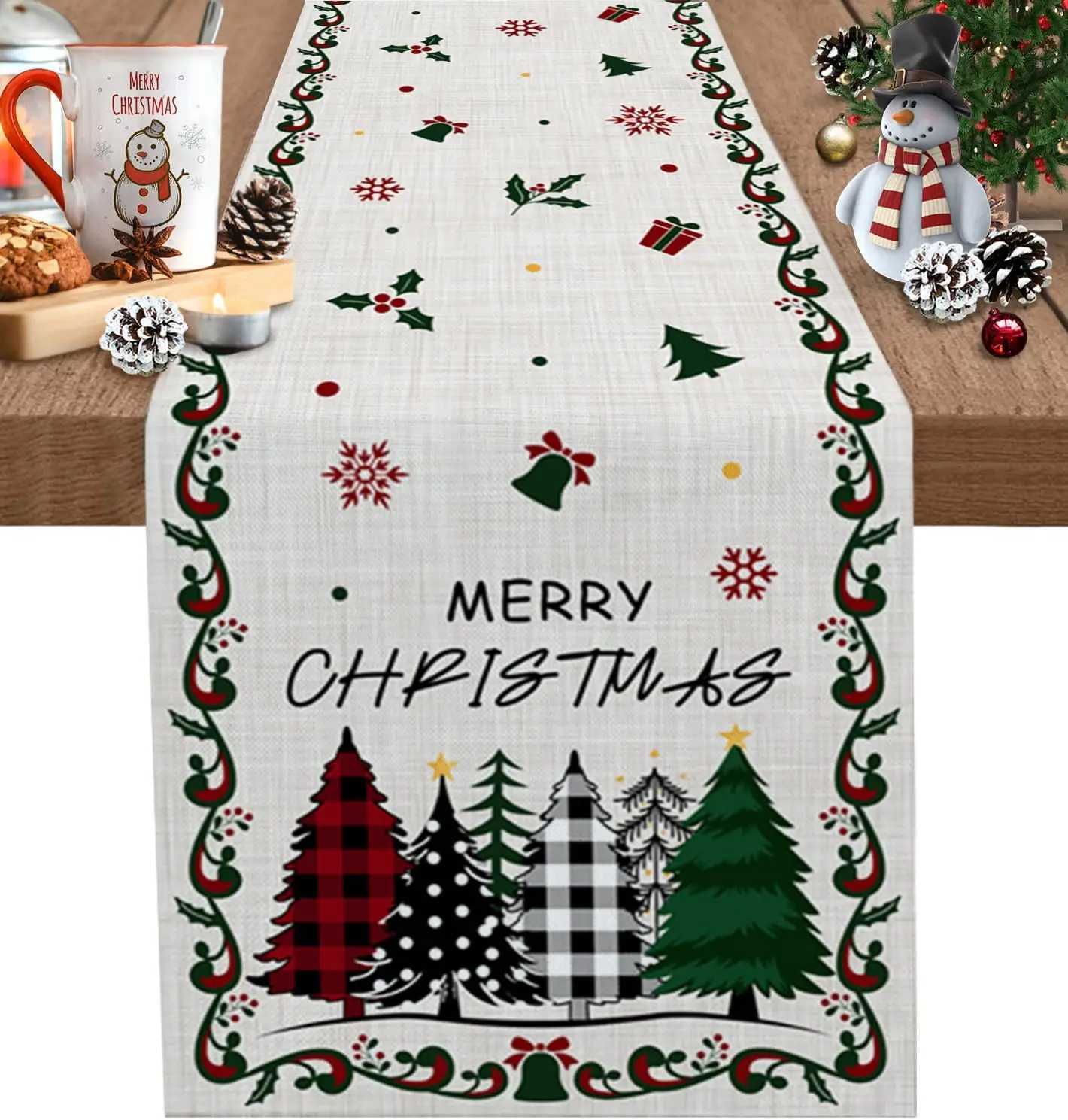 Christmas Christmas Tree Snowflake Bufflao Plaid Linen Table Runner Dresser Scarf for Xmas Party Decor Washable Kitchen Dining Table Decor Y251113