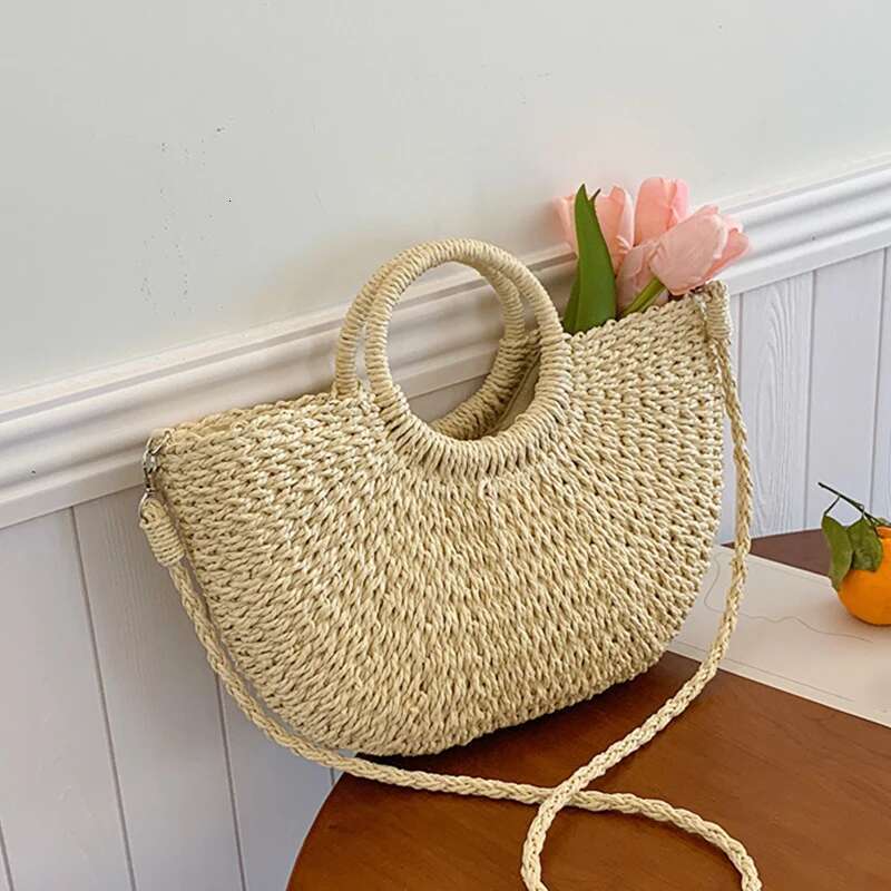 Handmade Beach Bag Women New Straw Handbags Woman Handmade Woven Basket Rattan For Femme Simple All-Match Handbag Kq1