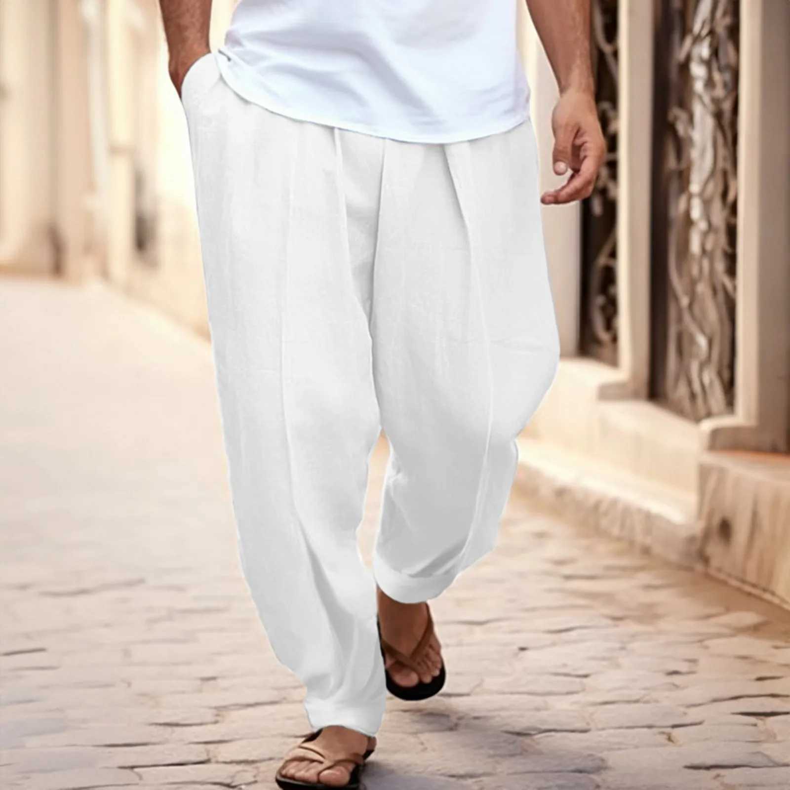 Mens solid casual pocket front pocket folding wide leg pants elastic waist belt loose pants mens loose casual pantsXJ250412