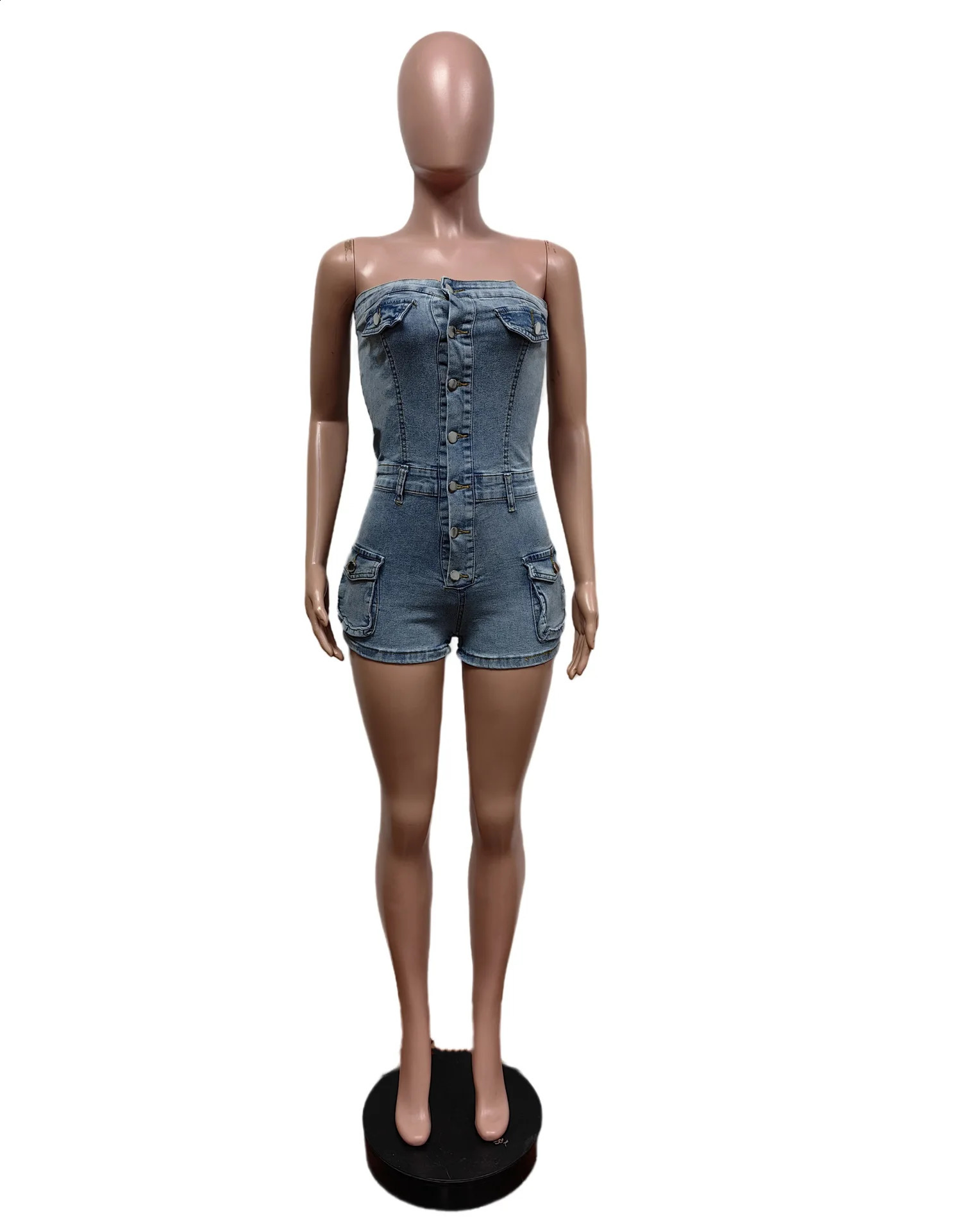 Womens casual sleeveless elastic denim jumpsuit womens fashionable onepiece set sexy shorts 250411