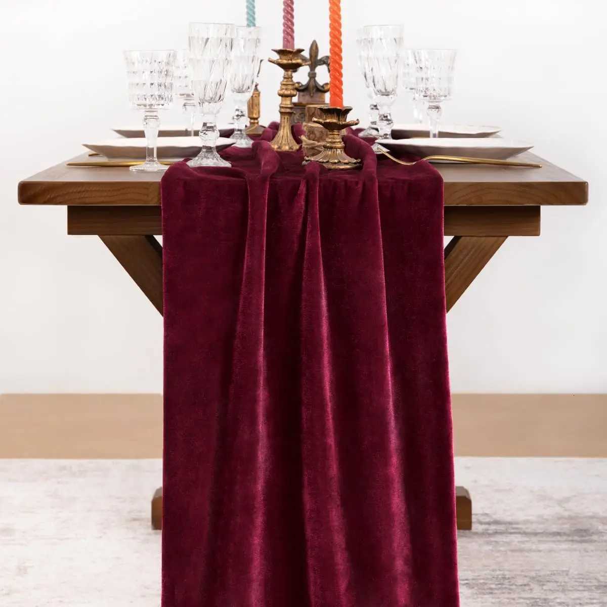 Christmas 1pc Burgundy Red Velvet Table Runner Christmas Cloth Decor 120 Inches 10ft Fabric Luxurious Runner for New Year Bridal Shower Y251113
