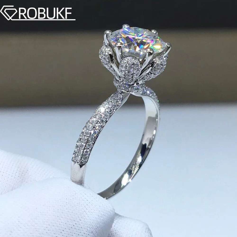 GRA Certificate 1CT 2CT Moissanite Ring for Women 925 Sterling Silver Plated 18K White Gold Flower Wedding Fine Jewelry Gifts