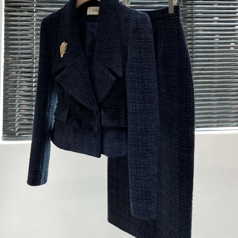 BAFU Autumn Fashion Tweed Set 2Piece Elegant Office Formal Suit Women Notch Collar Double Breasted JacketMidi Skirt 105F 251113
