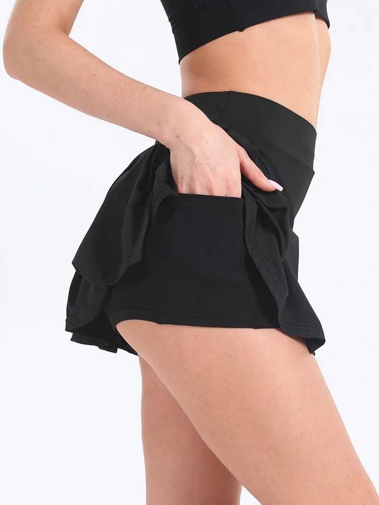 1 piece of womens sports skiing Falda short black high elasticity pocket pleated skiing pants tennis running fitness skiing pants Y250412