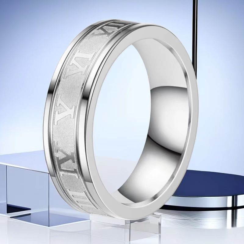 Stainless European and American Cross-Border Women's Titanium Steel 6mm Wide Roman Numeral Ring Fashionable Men's Trendy Corrosion