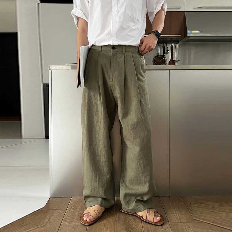 Mens luxury brushed linen wide leg casual button solid color straight high-end elegant sports pants M-3XLXJ250412