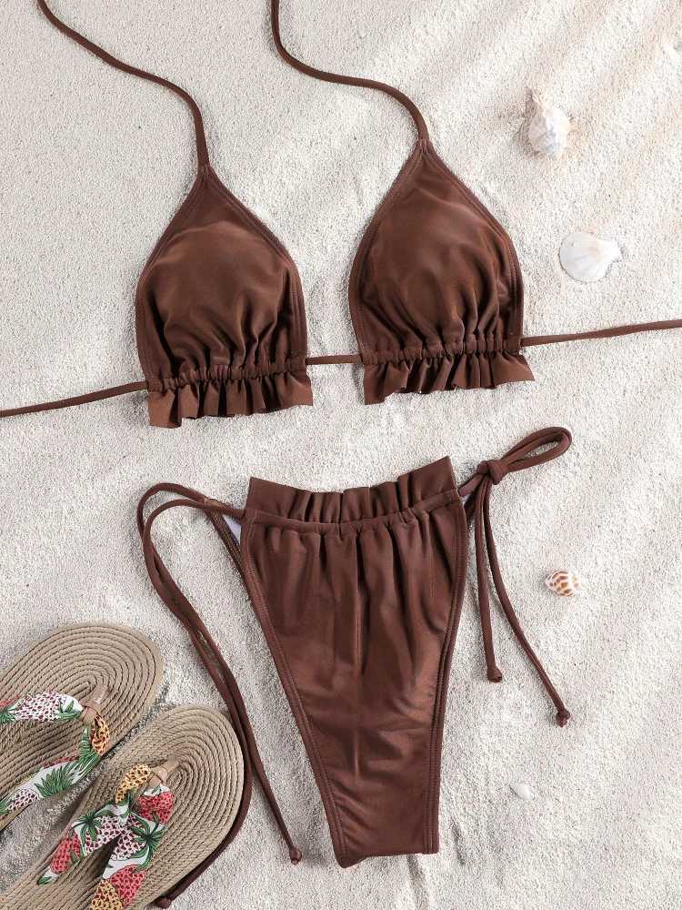 Brown Frill Bikinis Summer Bikini Set Sexy Swimwear Womens swimsuit Bathing Suit High Quality 2025 Bandage ruffled SwimsuitW251113