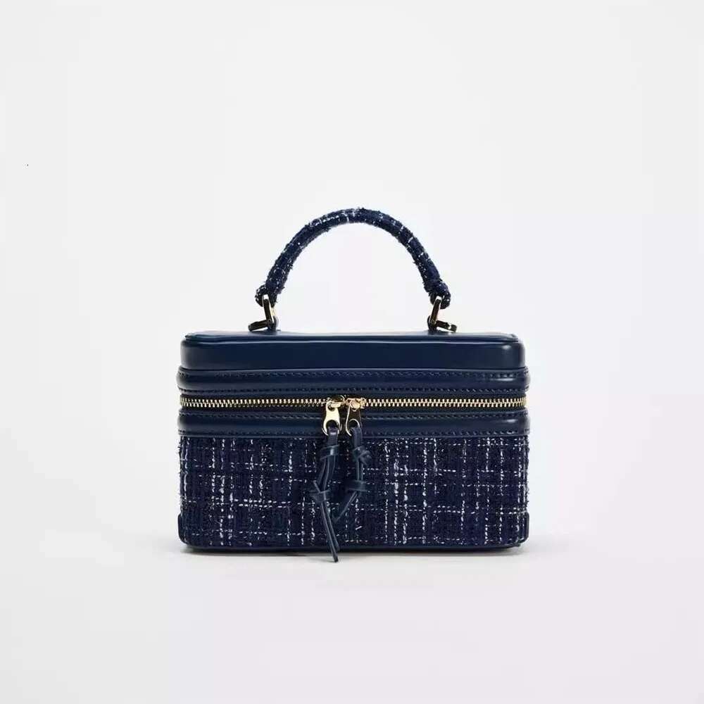 Tweed Textured Blue Mini Handbags For Women Patch Pu Leather Satchels Box Zipper Packs Female All-match Commute Crossbody Bags