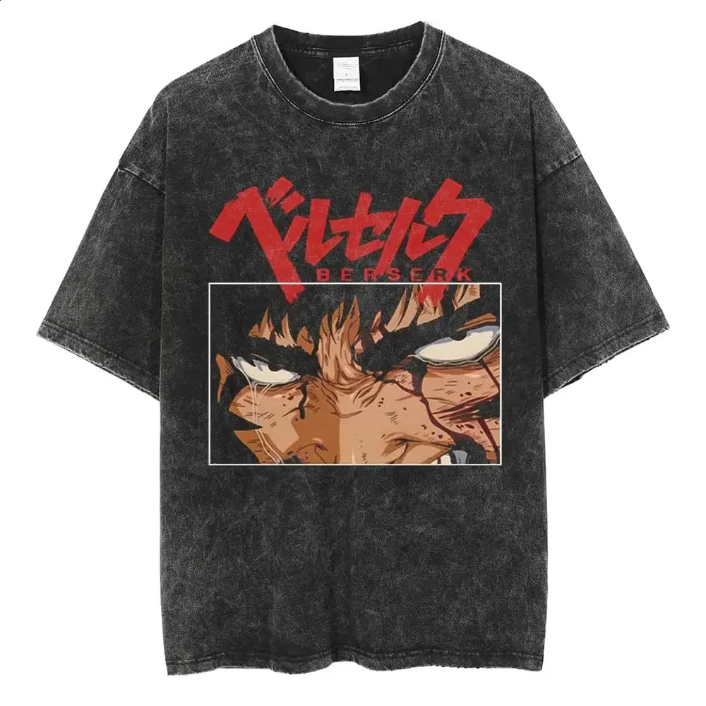 Anime Fury Tshirt Intestinal Washing Summer Mens Casual Loose Short Sleeve Harajuku Cotton Hip Hop Street Clothing 250408