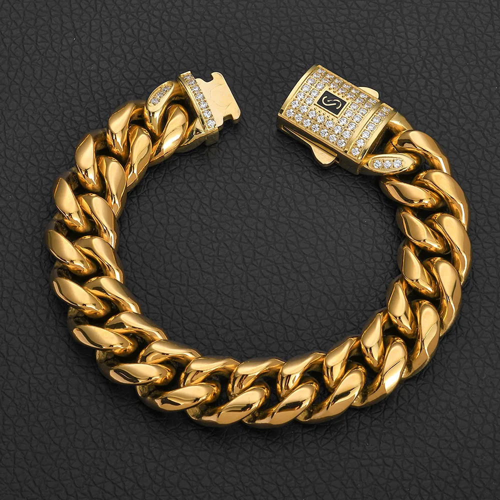 Stainless steel Bracelet Miami Cuban Plated 14K Gold CNC Mens Jewelry High Polished 814MM Chain Gift 251113