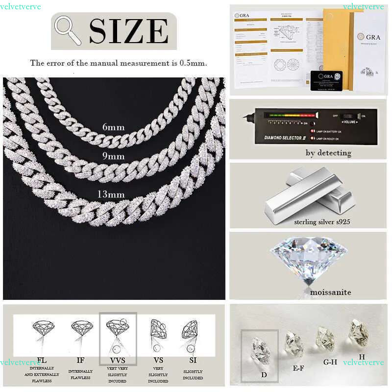 Full Ice out 2rows 6mm 9mm 13mm Solid Sier Moissanite Cuban k Chain Mans Hip Hop Necklace