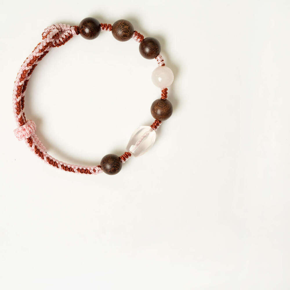 Dunhuang "Crimson Silhouette" Rose Quartz & Sandalwood Cord - Pink Crystal Wooden Bead Bracelet for Gentle Love & Grounding