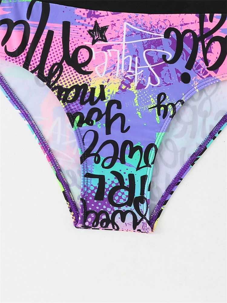Bikini Kids Girls Swimsuit 2026 New Purple Letter Sling Mesh Long Sleeve Children Bikinis Set Swimwear Summer Beach Bathing SuitW251113
