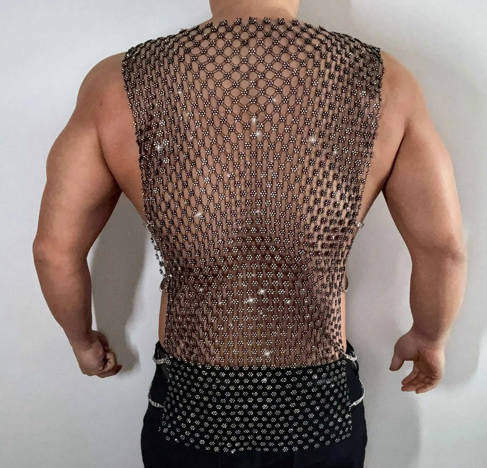 Summer shiny sequin sleeveless men fitness tank top Sexy plus size see through party club t shirt 250407