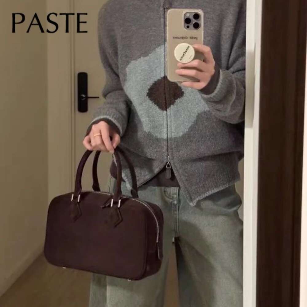 New Matte Coffee Color Sheep Suede Leather Women Boston Tote Workplace Office Female Shoulder Crossbody Bag