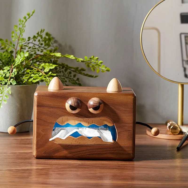 Little Monster Solid Wood Living Ro Creative Tissue Box He Dining Ro Cute Walnut Wood Storage Decoration Accessories Y251112