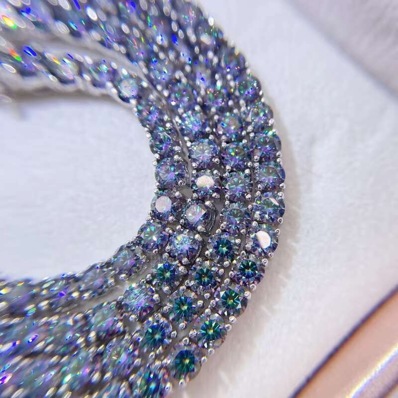 GRA Certificated 3mm 4mm Sterling Silver rainbow Topaz Coated Moissanite Cluster Necklace