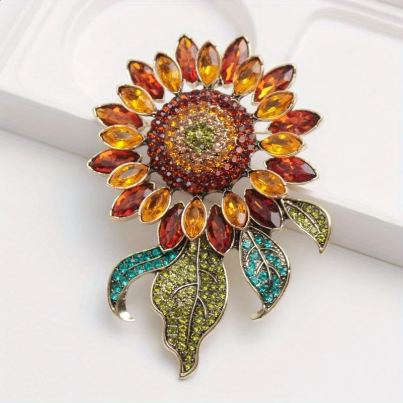 Large heavy industry elegant sunflower plant brooch inlaid with diamond brooch fashionable womens brooch accessories gift 250409