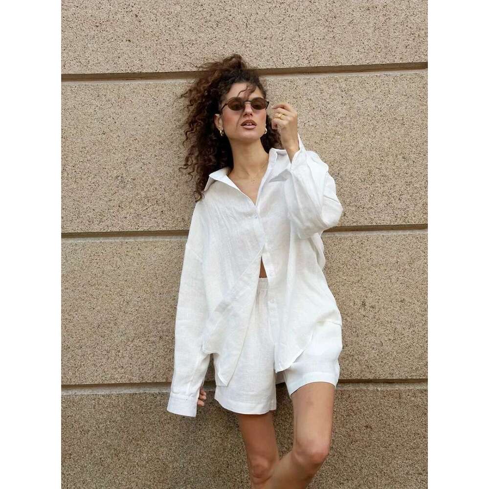 Wolfeel 100% Cotton Women's Casual Sets Solid Color Cozy Lapel Long Sleeve Shirt Summer Loose Elastic Waist Shorts Suits