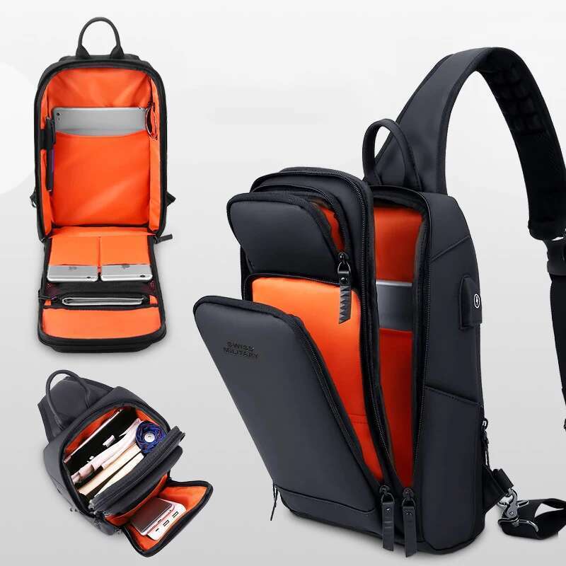 SWISS Men's Fashion Chest Multifunctional Waterproof Shoulder Sports Crossbody Nylon Handbags Usb Bag Sg Pack
