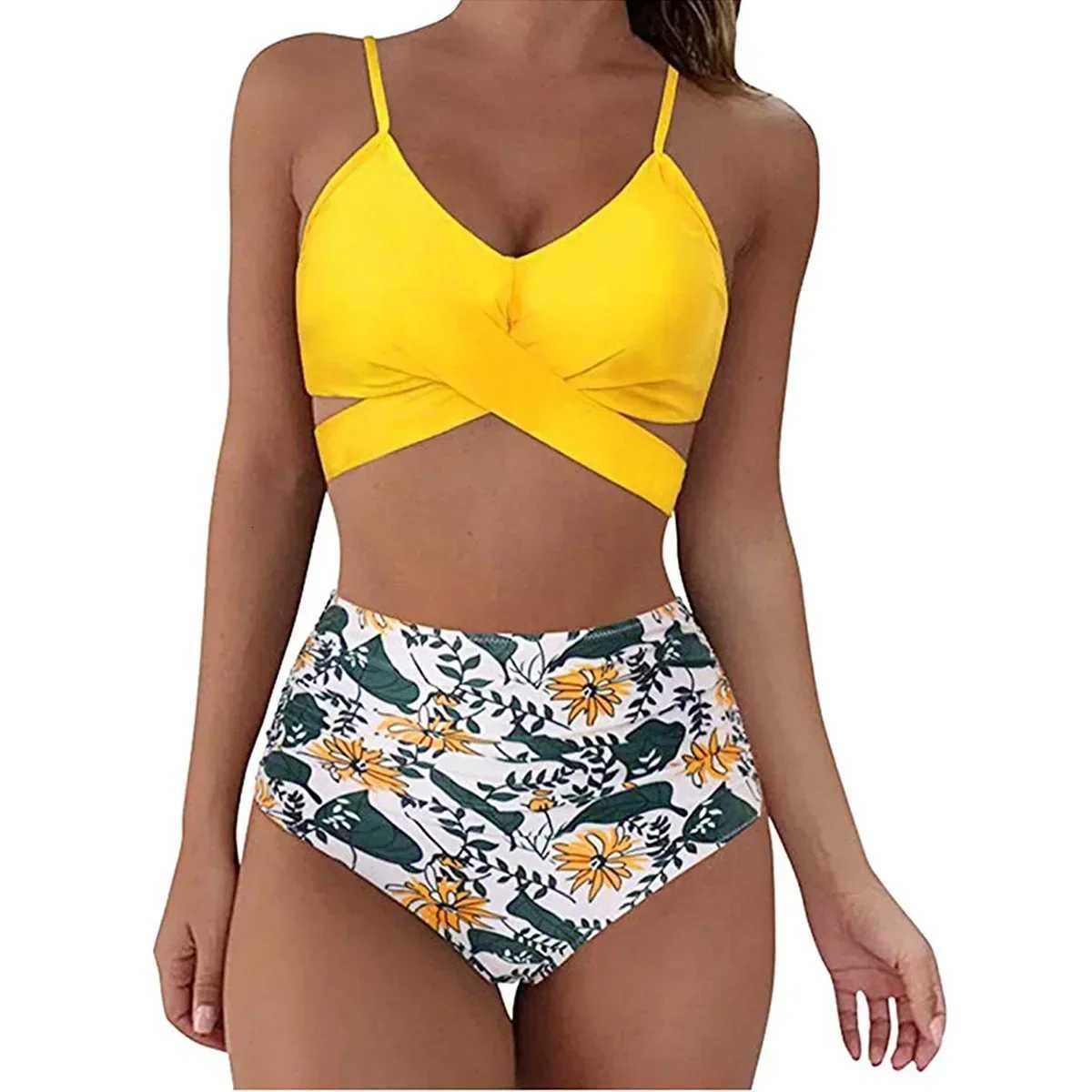 Solid Top Printed Bottom Bikini Set 2023 Sexy Swimwear Women High Waist Swimsuit Cross Push Up Bikini Plus Size Bathing Suit XXLW251113