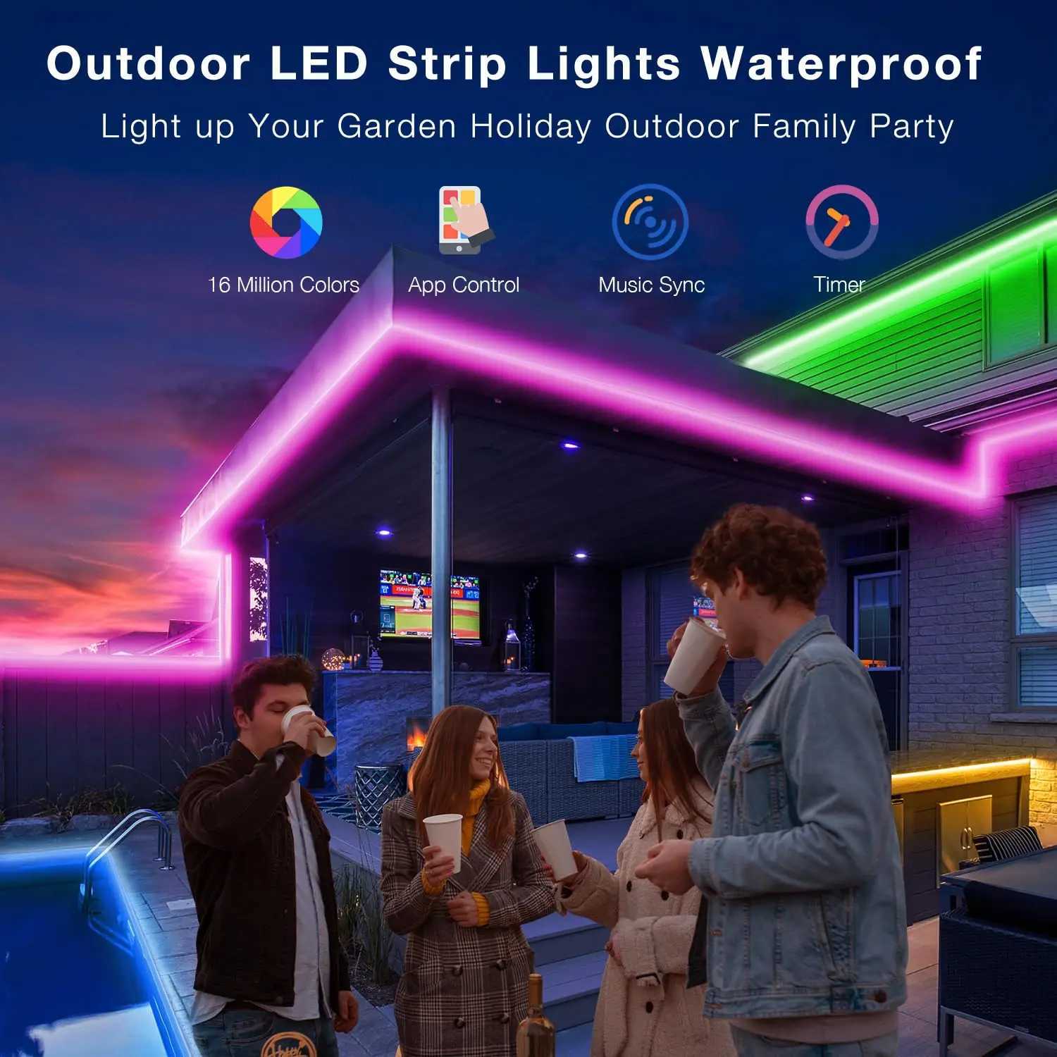 100FTOutdoor Waterproof Smart Led Light Strip Support App Mineral Switch Follow Music Rhythm Rgb Color Change Ip65 Suitable for Swimming Pool Eaves Ga