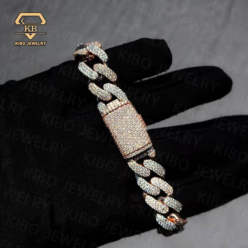 Two Tone 14K Rose Gold White Gold Plated Silver 925 Moissanite Diamond Hip Hop 14MM Cuban Bracelet Custom Moissanite Jewelry