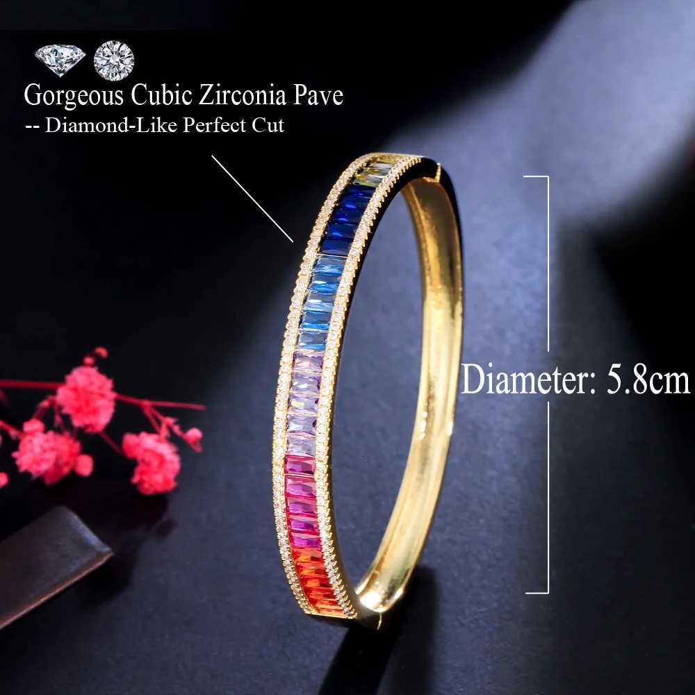 CWWZircons Unique Baguette Rainbow Cubic Zirconia Round Open Cuff Bangle for Women Trendy Brazilian Gold Plated Jewelry BG048T251113