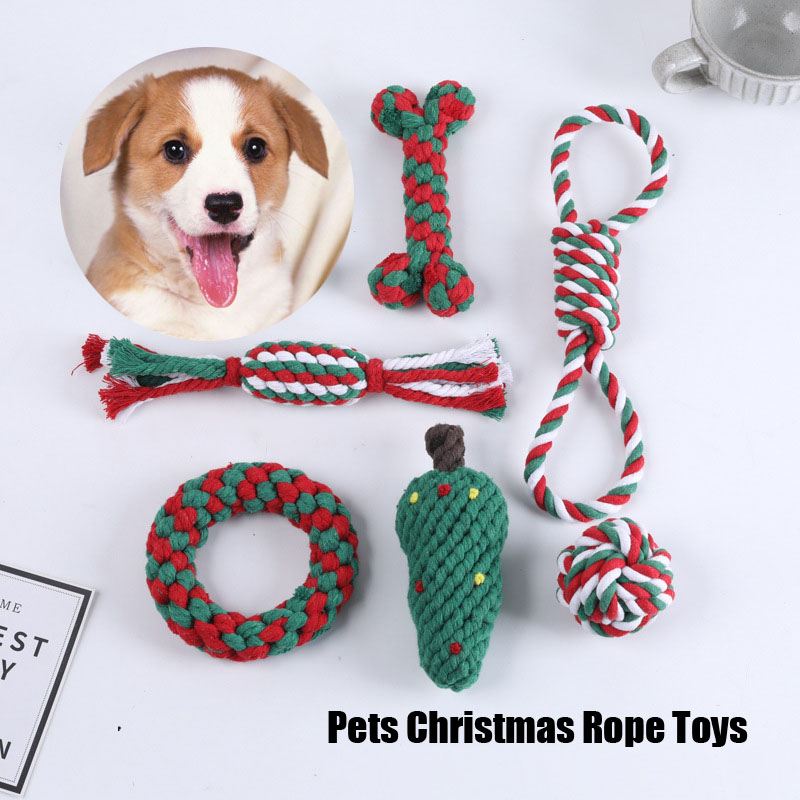 Christmas Pet Cotton Rope Toy Set Cane Cleaning Dog Interactive Toy Bite-resistant Molar Dog Toy Set Christmas Gift
