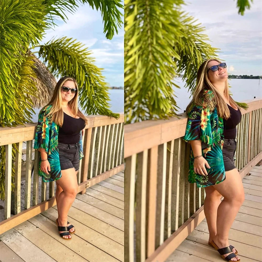 Summer long flowing kimono covered top open outerwear bohemian bikini Hawaiian chiffon shirt beach party 250408