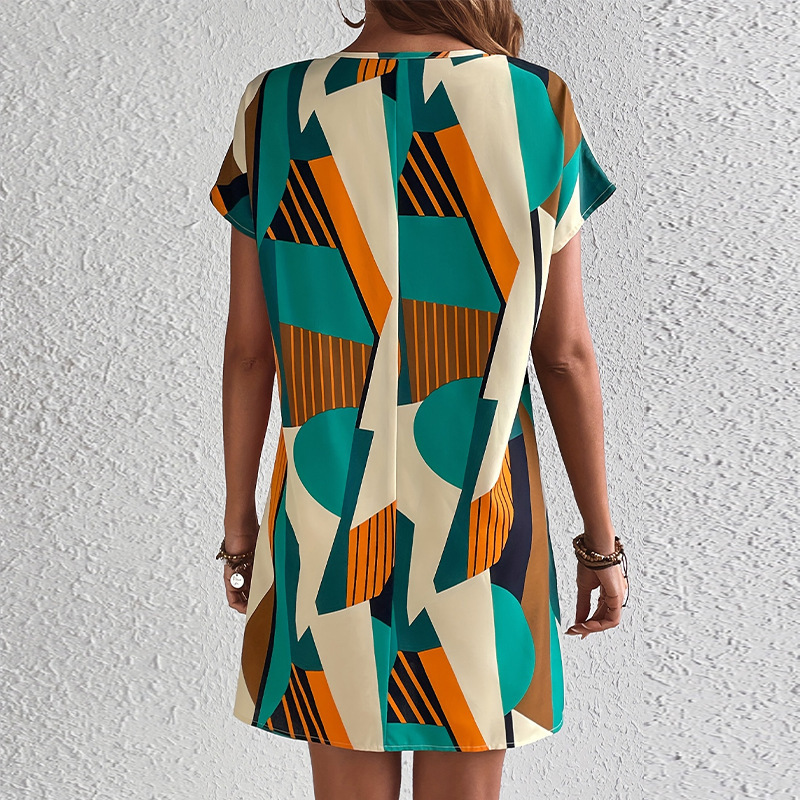 Holiday style contrasting color short sleeved dress for womens summer travel loose V-neck mid length A-line skirt