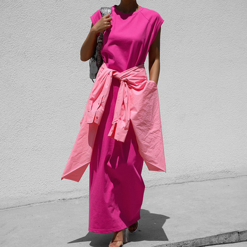 S175 Design temperament niche slim dress new elegant slit solid color short-sleeved long skirt female