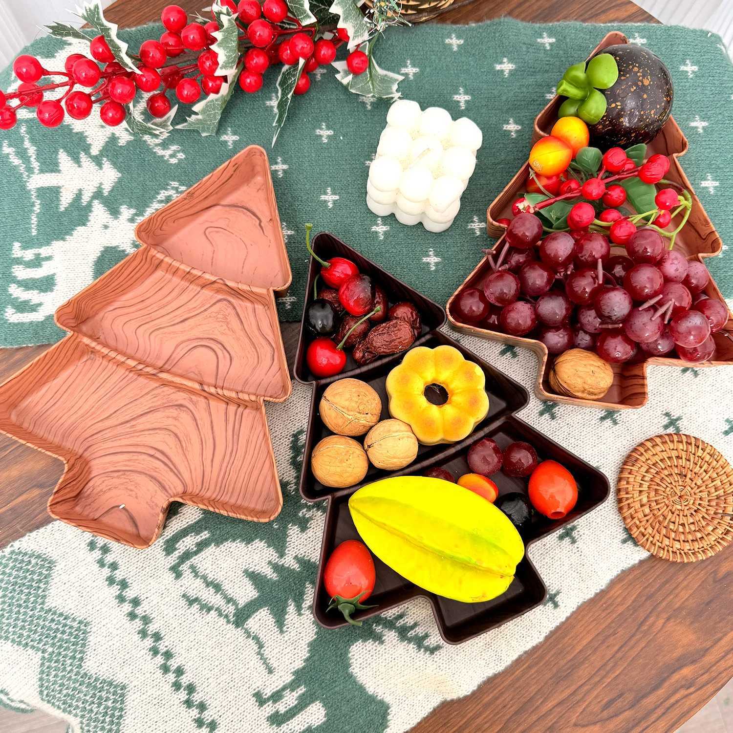 Christmas 1-5pcs Christmas Faux Wooden Snack Plates Candy Fruit Divided Trays Tree Shape Holiday Home Table Party Decoration Supplies Y251113