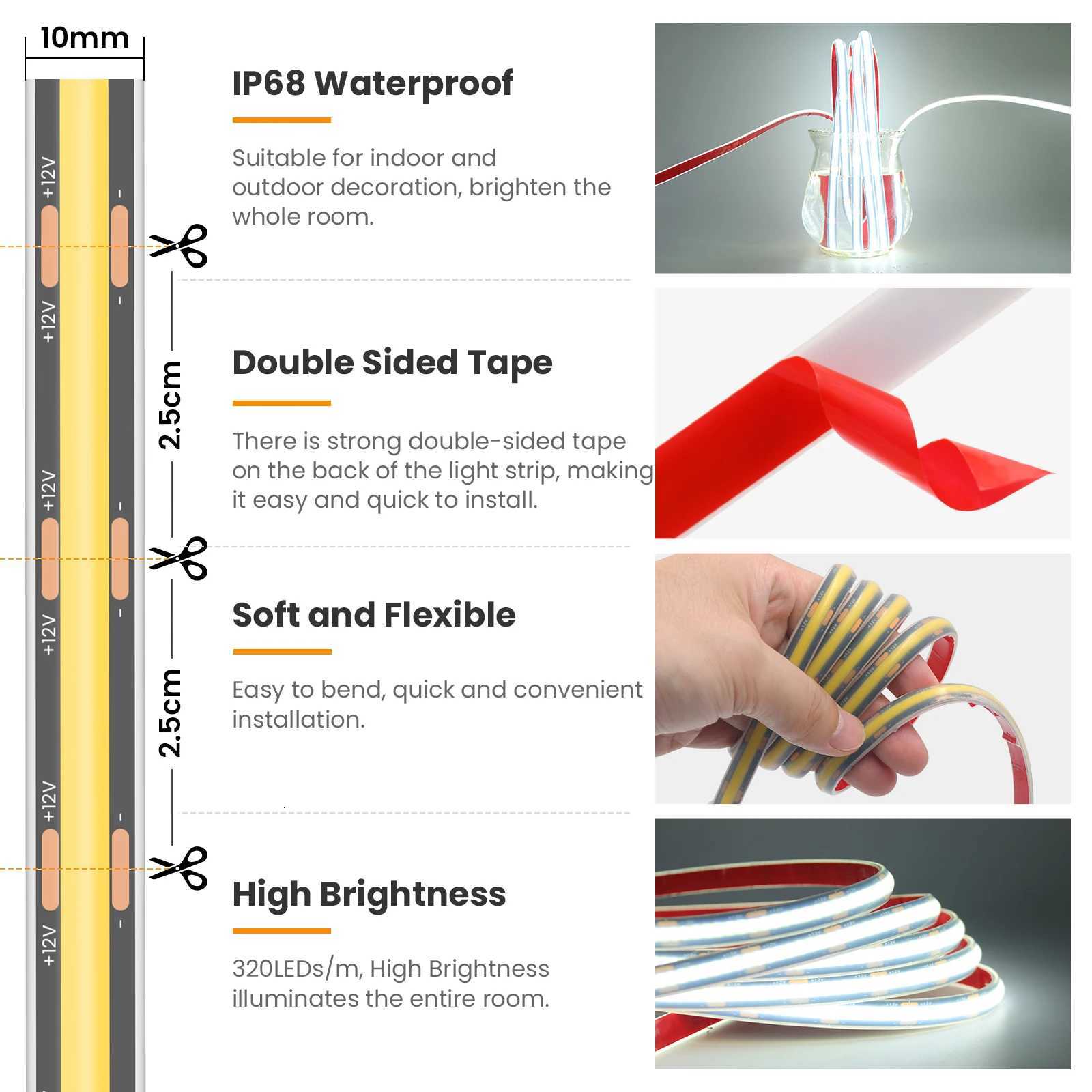 12V 24V COB LED Strip Light 320LEDs/m IP68 Waterproof Flexible Ribbon Tape for Home Garden Decor Lighting EU/US/UK Plug Kit W251112