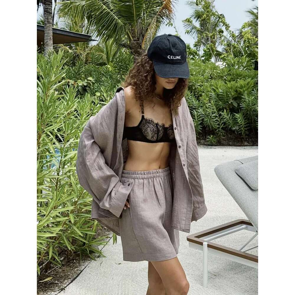 Wolfeel 100% Cotton Women's Casual Sets Solid Color Cozy Lapel Long Sleeve Shirt Summer Loose Elastic Waist Shorts Suits