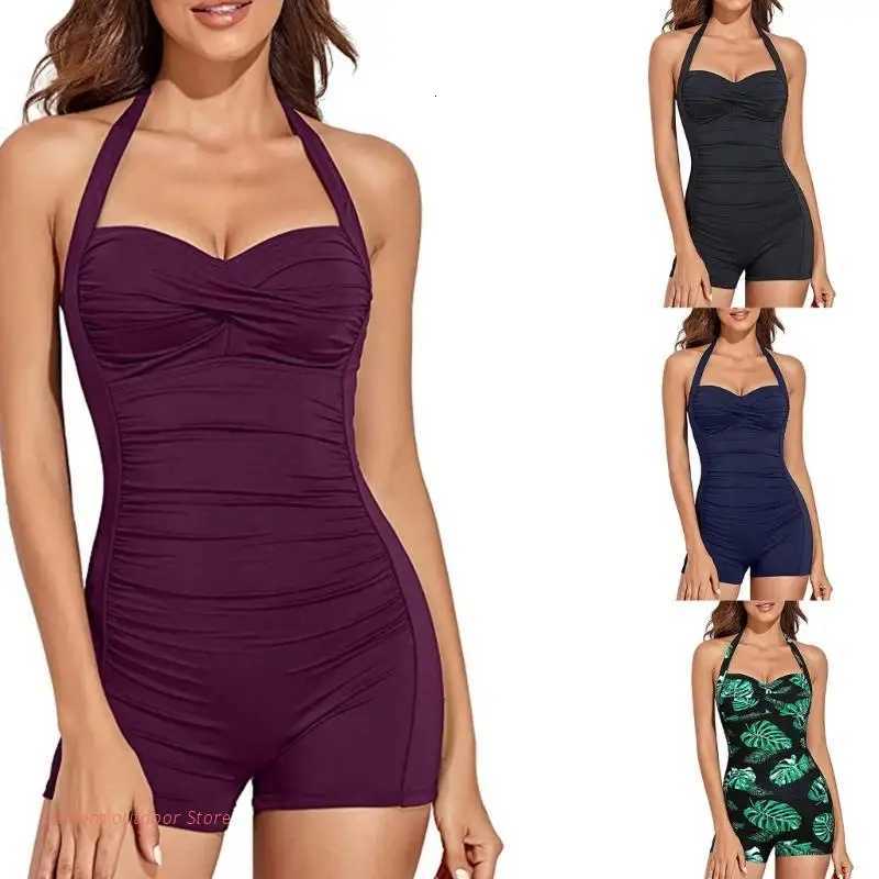 Women Tummy Control Piece Swimsuits with Shorts Boyleg Retro-Bathing Suit Halter-Swimwear Ruched Monokinis SwimsuitW251113