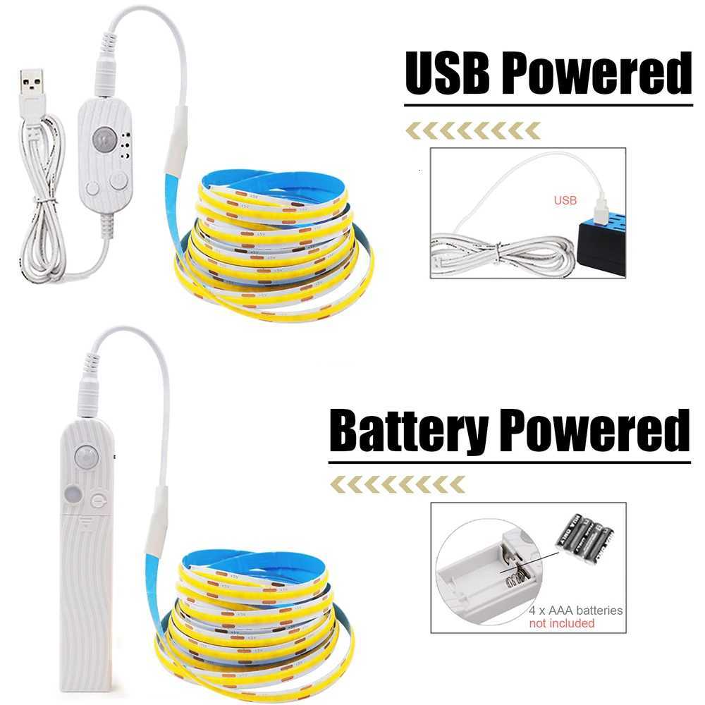 5V Motion Sensor Nigth Light COB Led Strip USB Battery Power 3mm 5mm 8mm PCB 320 LEDs Flex Lamp for Under Cabinet Kitchen Stairs W251112