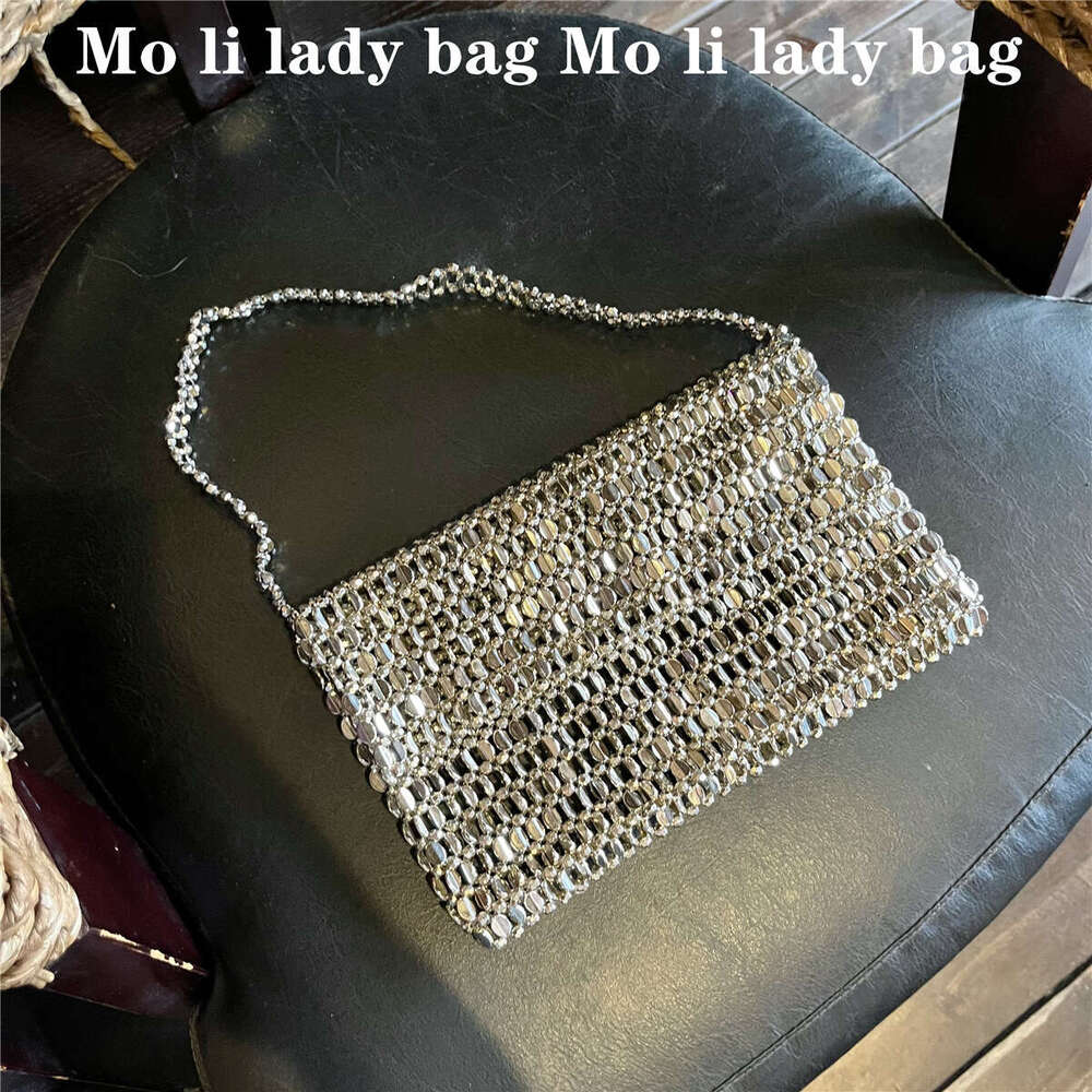 New Retro Metal Shiny silver Handwoven Beaded Pearl Sequin Underarm Bag Handbag