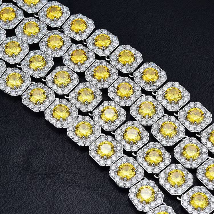 HipHop Jewelry 12mm White Halo Zircon Bracelet Fancy Square Clustered Tennis Chain with Gold Plated Brass Yellow Zircon