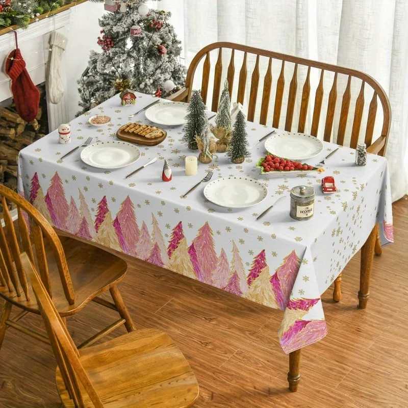 Christmas Christmas Pink Trees Golden Snowflakes Tablecloth for Table Decor Winter Xmas Kitchen Dining Table Cloth Christmas Decorations Y251113