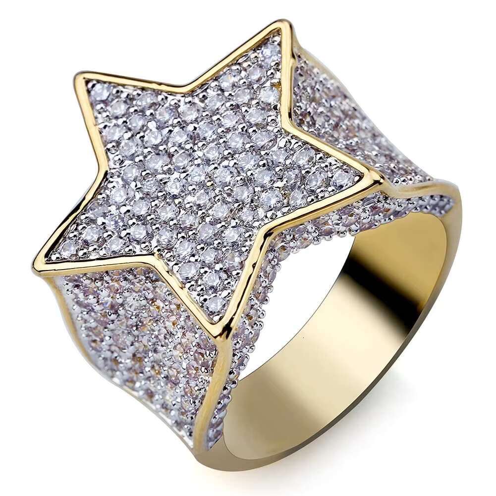 Wholesale Price Mens Stainless Steel Hip Hop Star Ring 18K Gold Plated with Two Tone Cubic Zirconia for Gift