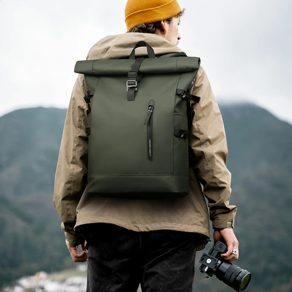 Mens waterproof travel backpack with rolled top and large capacity 156inch laptop equipped USB hiking bag 250409