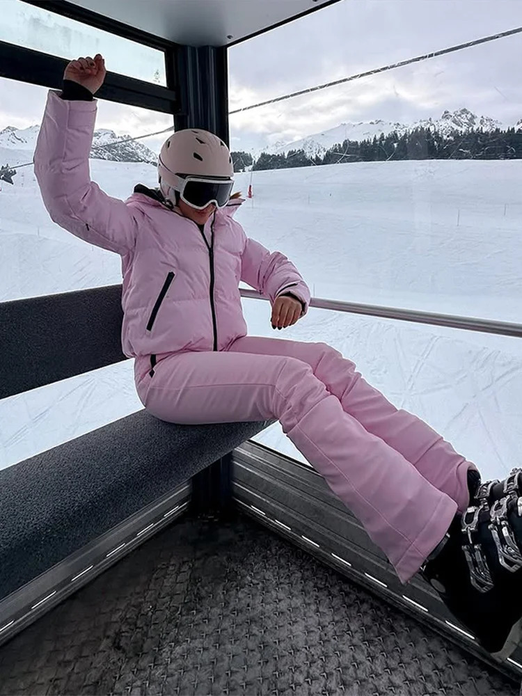 Womens Winter Pink Ski Suit Long Sleeve Cropped Jacket with Hood Pants Warm Winter Snowboarding Outfit Fashion Streetwear 251112